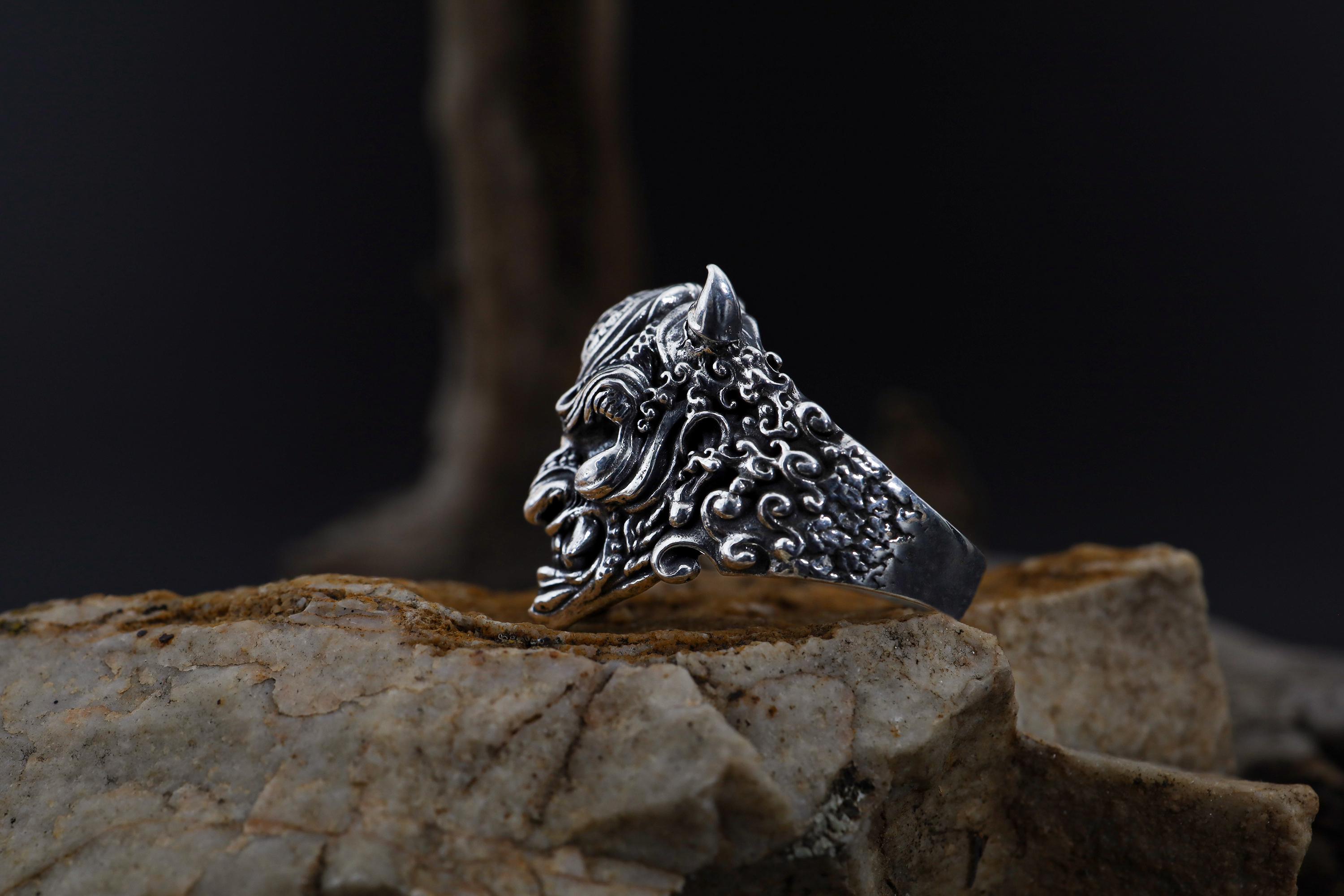 Japanese Oni Hannya Mask Ring: Sterling Silver Gothic Demon Ring