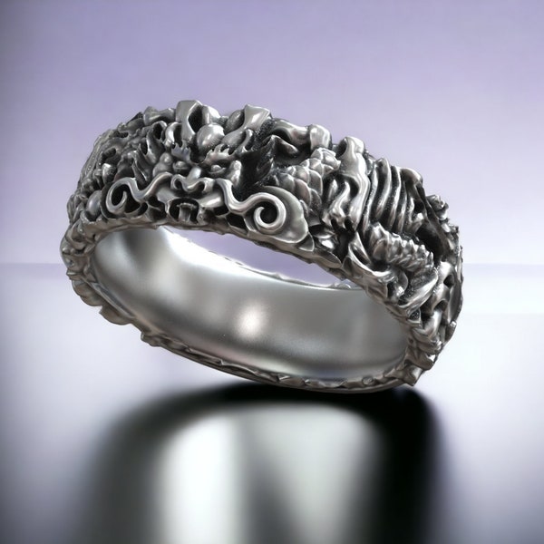 Amanojaku Dragon Band Ring for Men, Japanese Evil Spirit Band Ring, Unique Traditional Ring, Dragon Mythology Jewelry, Gothic Ring for Men