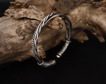Silver Viking Cuff Bracelet for Men,  Handmade Tribal Torque Bracelet,  Oxidized Silver Men&#39;s Bangle,  Adjustable Rustic Style Bracelet