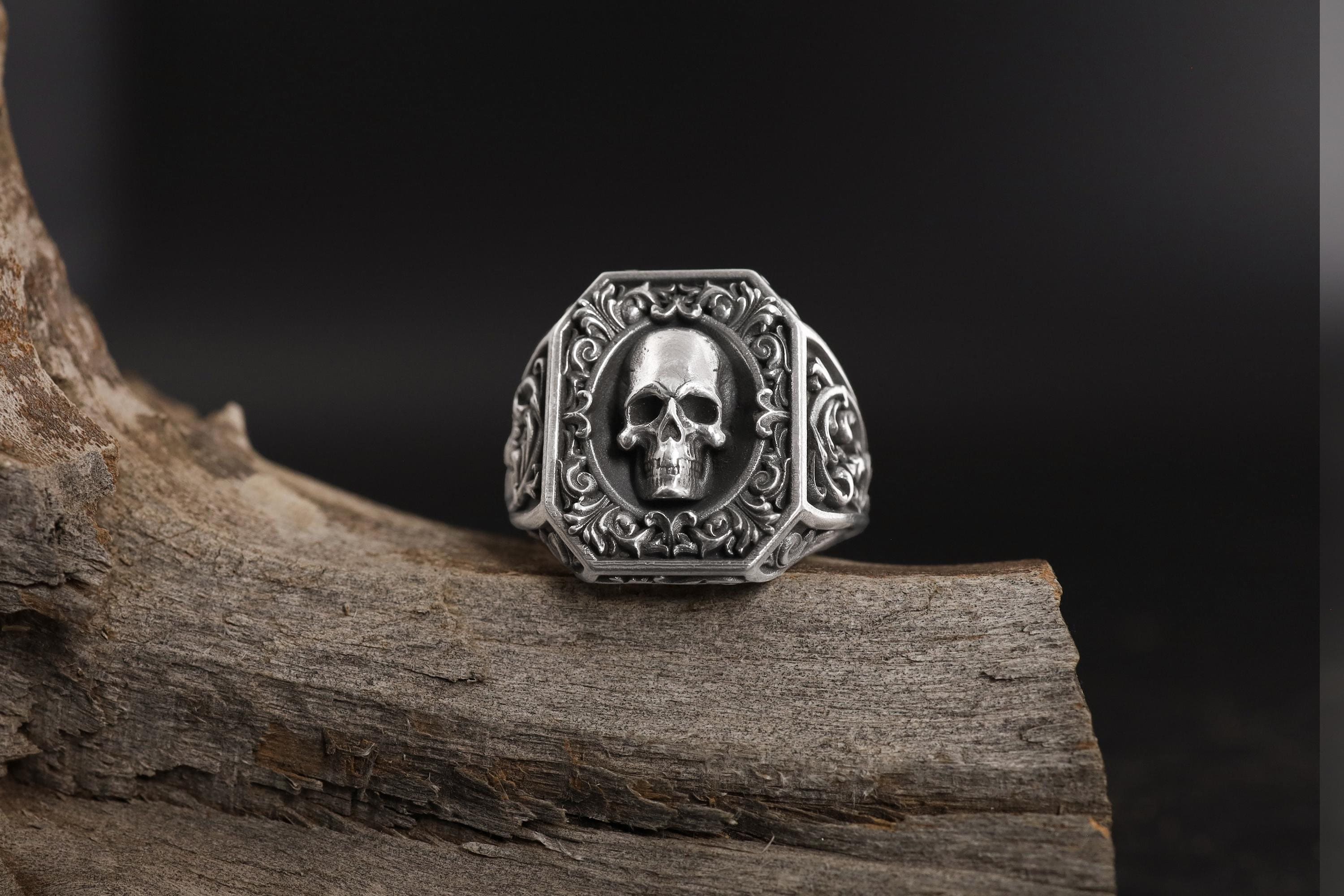 Handmade Sterling Silver Skull Signet Ring: Gothic Victorian