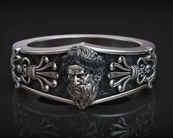 925 Sterling Silver Zeus Head Band Ring: Greek Mythology Statement Jewelry