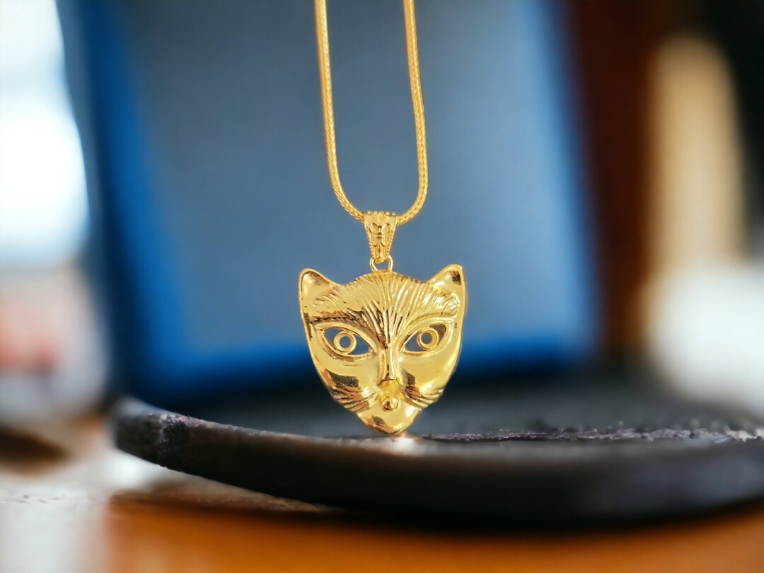Gold Plated Cat Head Necklace, Large Gold Cat Pendant, Cute Cat Necklace, Unisex Animal Necklace
