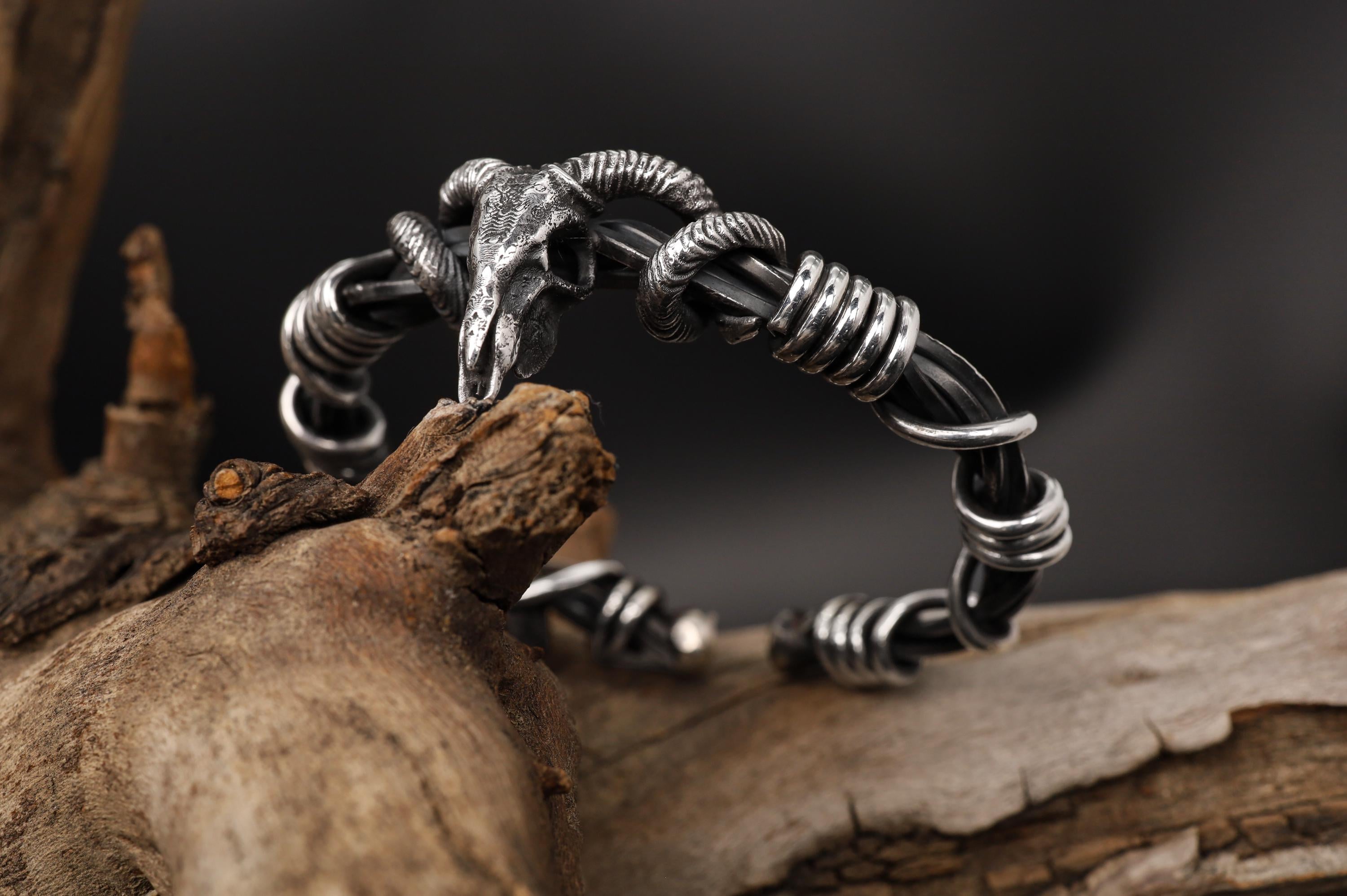 Silver Ram Skull Bracelet for Men, Viking Goat Skull Cuff