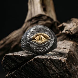 Puede incluir: Un anillo con una superficie oscura y texturizada de escamas de reptil en acabado gris plomo. El centro del anillo muestra una forma de ojo dorada, lisa y prominente, con p&aacute;rpados dorados detallados y texturizados alrededor del iris.