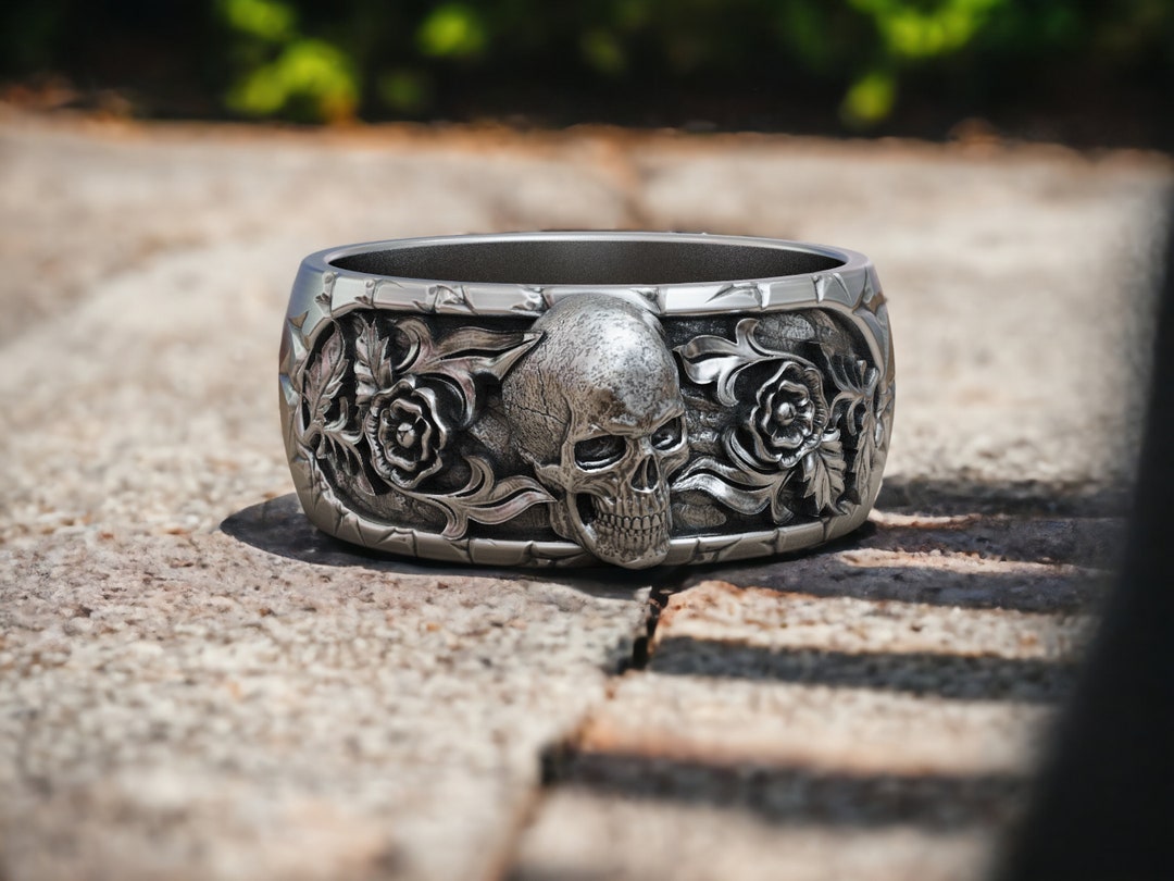 Skull And Roses Rings Skull Wedding Ring With Roses, Flower Skull Band Ring, Wide Band Ring ...