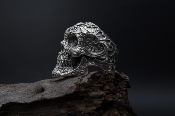 925K Sterling Silver Skull Ring: Baroque Engraved Gothic Biker