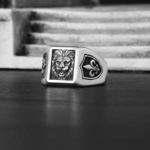 Medieval Crest Lion Signet Ring, Silver Lion Head Ring for Men, Knight Armor Family Crest Ring, Gothic Medieval Jewelry, Heraldic Lion Ring