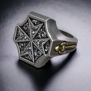 Maltese Cross Sword Men's Ring, Gold Plated Men Signet Ring, Christian Ring, Maltese Templer Symbol Elegant Ring, Religious Jewelry for Men