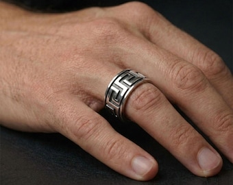 Greek Key Ring for Men, Sterling Silver Wide Meander Band, Ancient Greek Statement Gift