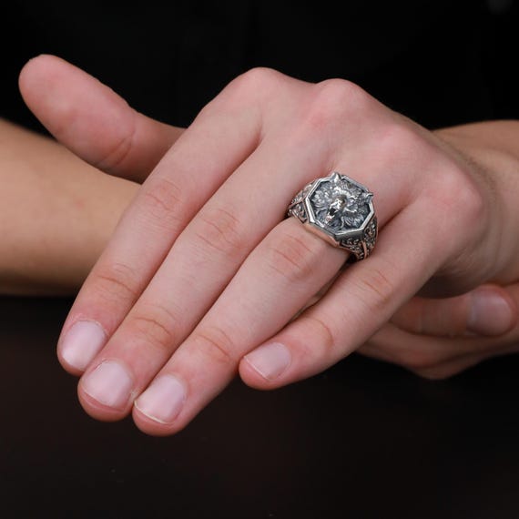 Silver Wolf Ring for Men: Fierce Wolf Head Ring, Baroque Alpha