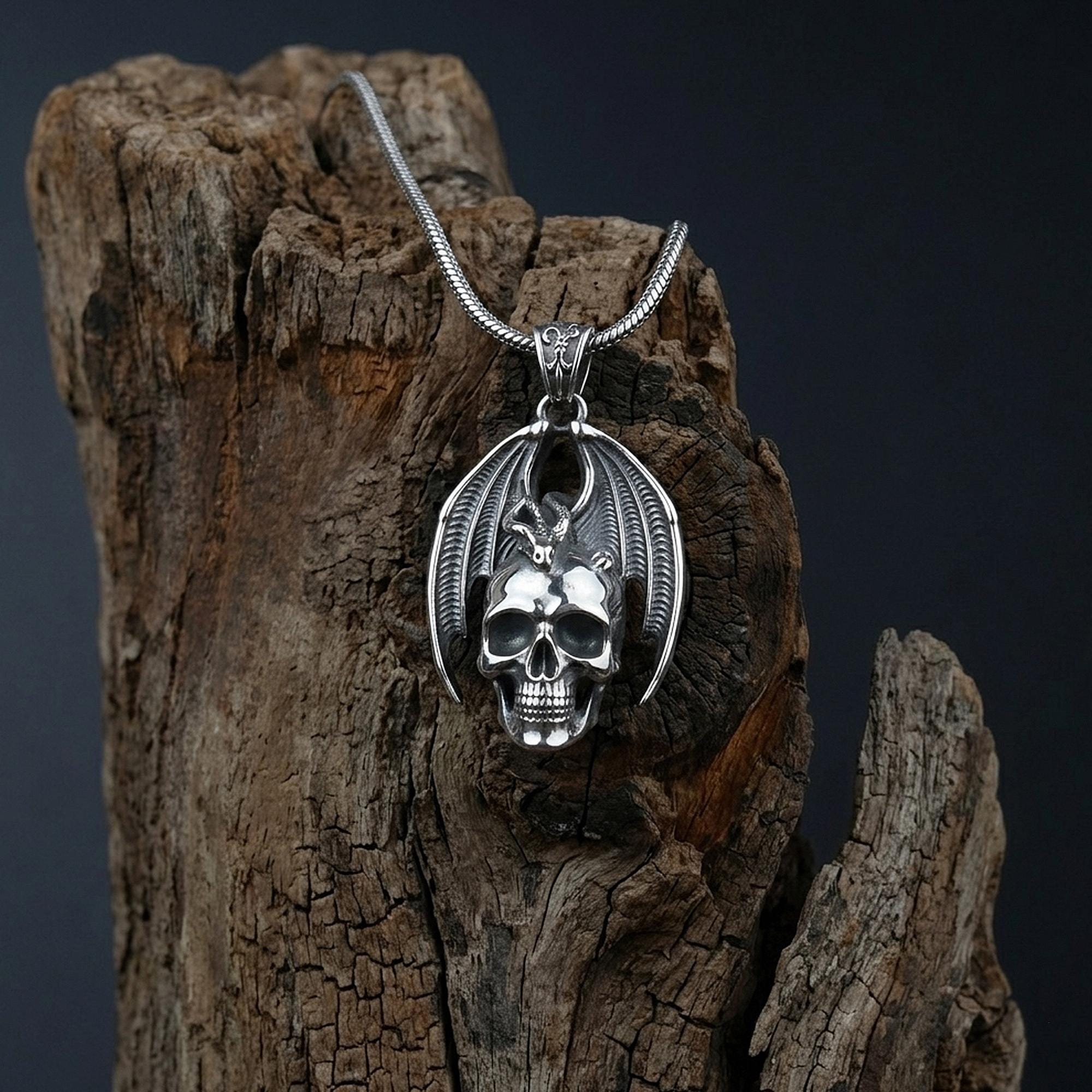 Handmade Sterling Silver Dragon Skull Necklace, Gothic Fantasy