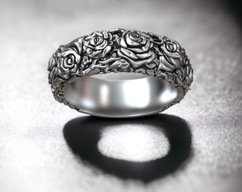 Rose zilveren band ring, handgemaakte mannen band ring, bloemen trouwring, zilveren ring voor mannen, coole ring, natuur geïnspireerde heren trouwring