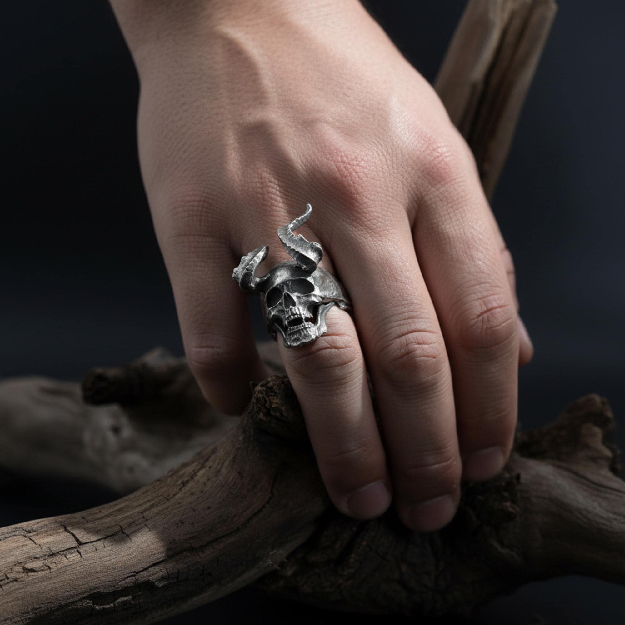 Handmade Sterling Silver Horned Demon Skull Ring, Gothic Lucifer