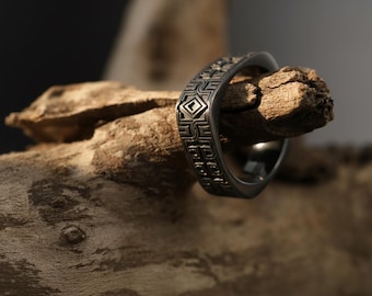 Silver Tribal Pattern Ring: Mens Sterling Silver Band, Engraved