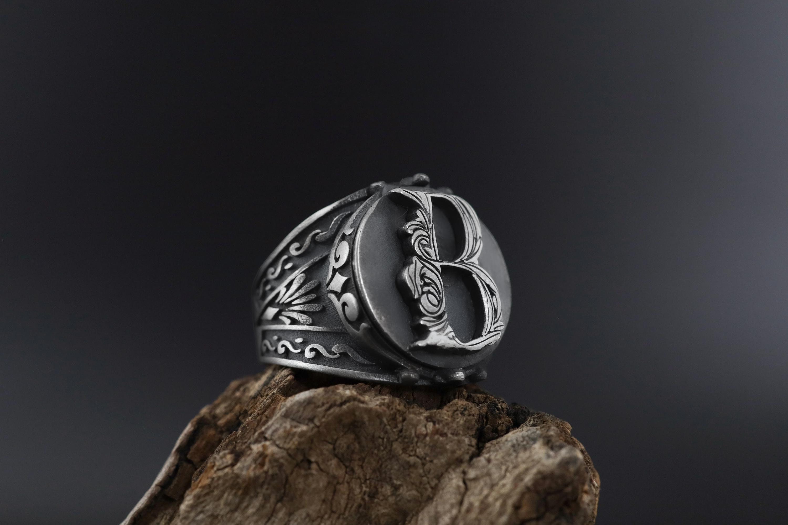 Anello Iniziali Inciso Anello Nero Per Uomo Senza Marca Acciaio Anello Firma Uomo Nero - 7