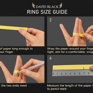May include: A ring size guide with four steps. The guide shows how to measure finger size using a strip of paper and a ruler. The text reads: Cut a strip of paper, wrap around finger, mark where the ends meet, and measure the length.