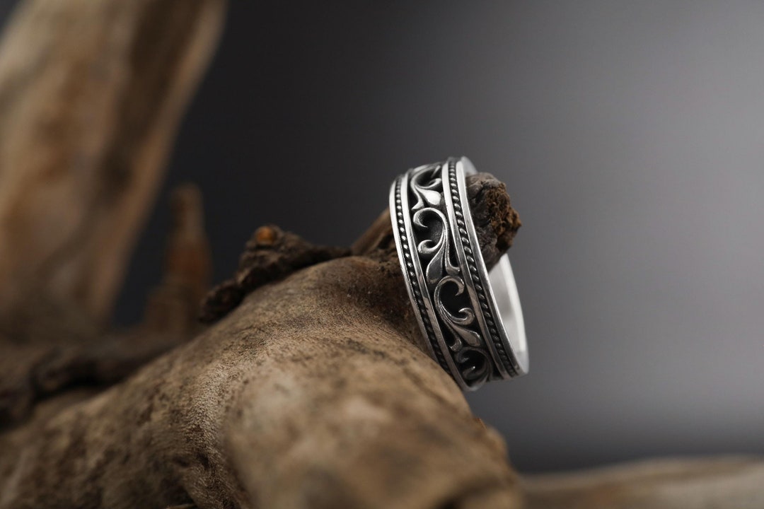 Sterling Silver Vintage Men Wedding Band: Floral Men Engagement Ring ...