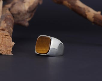 Anillo de ojo de tigre en plata de 925 quilates, anillo de sello de plata, anillo para el meñique, anillo clásico con piedras preciosas, anillo bohemio.