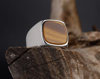 Tiger Eye Signet Ring, 925 Sterling Silver Pinky Band, Men's