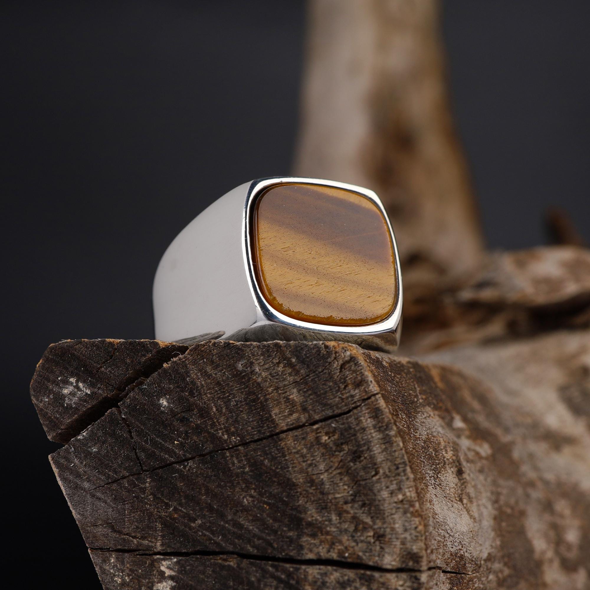 Tiger Eye Signet Ring, 925 Sterling Silver Pinky Band, Men's