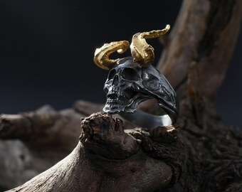 Handmade Sterling Silver Horned Demon Skull Ring, Gothic Lucifer