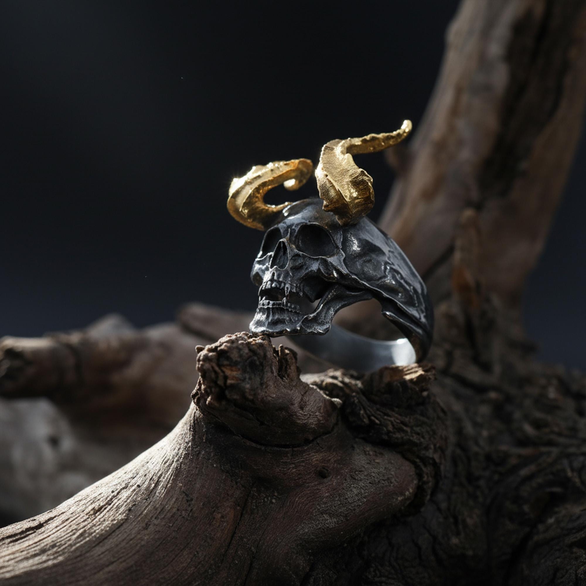 Gold Plated Demon Head Ring: Lucifer Skull Ring, Evil Skull Ring