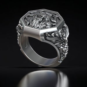 Men Signet Lion Head Ring, Leo Zodiac Ring, Unique Ring for Man, Animal Signet Ring, Astrology Signet Ring, Victorian Men Ring image 5