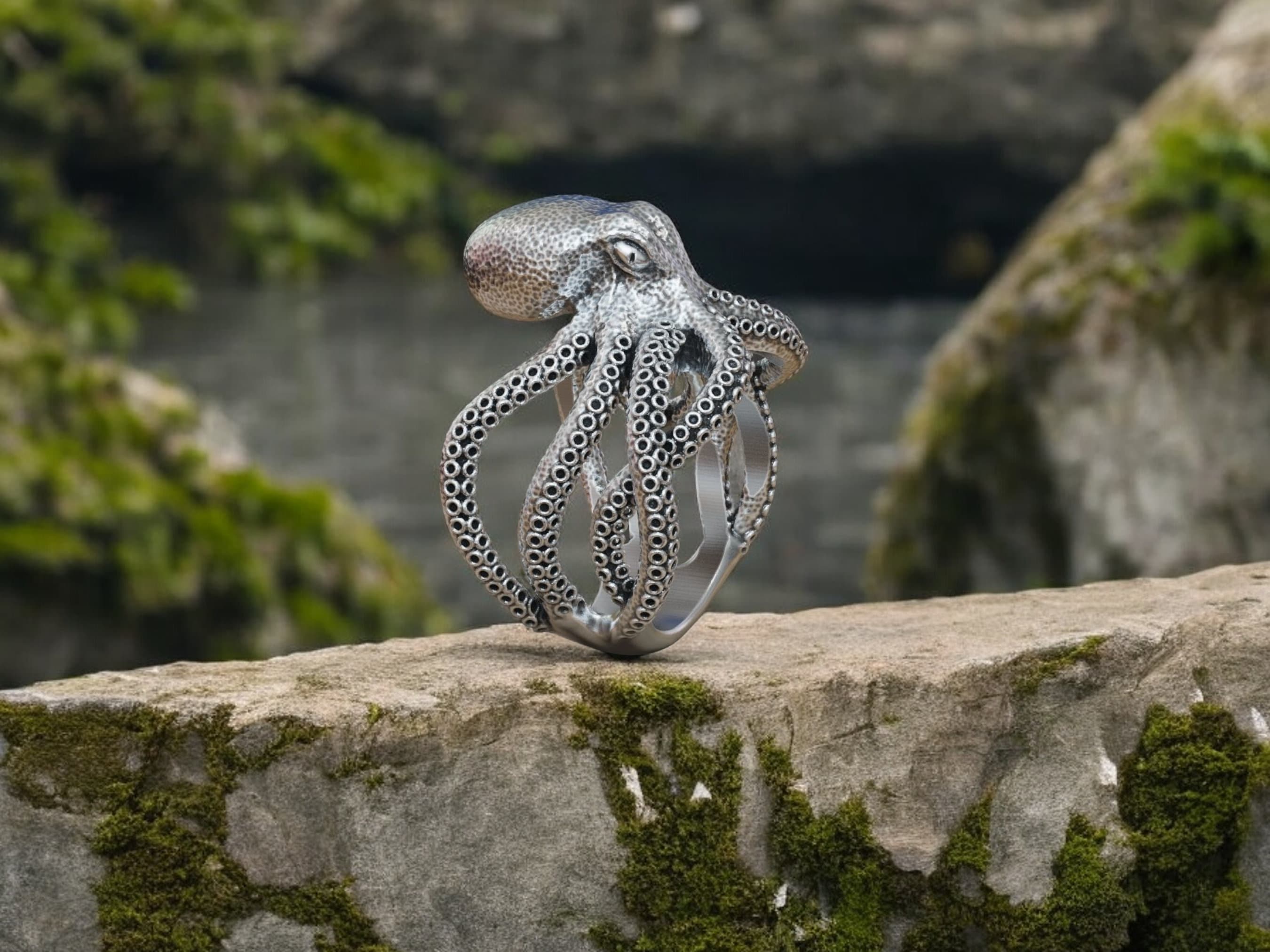 スターリングシルバー製タコの指輪、海の生き物モチーフのジュエリー