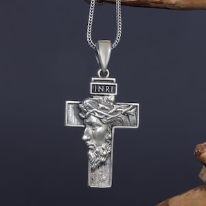 925 Sterling Silver Jesus Cross Necklace, INRI Crucifix Necklace, Religious Jewelry Gift for Men, Men&#39;s Faith Necklace, Christian Gift