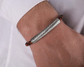 Pulsera de cuero para hombre con barra geométrica plateada, trenzada en marrón y negro, hecha a mano, regalo de joyería rústica para hombre.