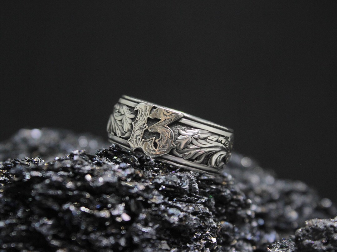 Lucky Number 13 Sterling Silver Ring: Floral Baroque Wedding Band