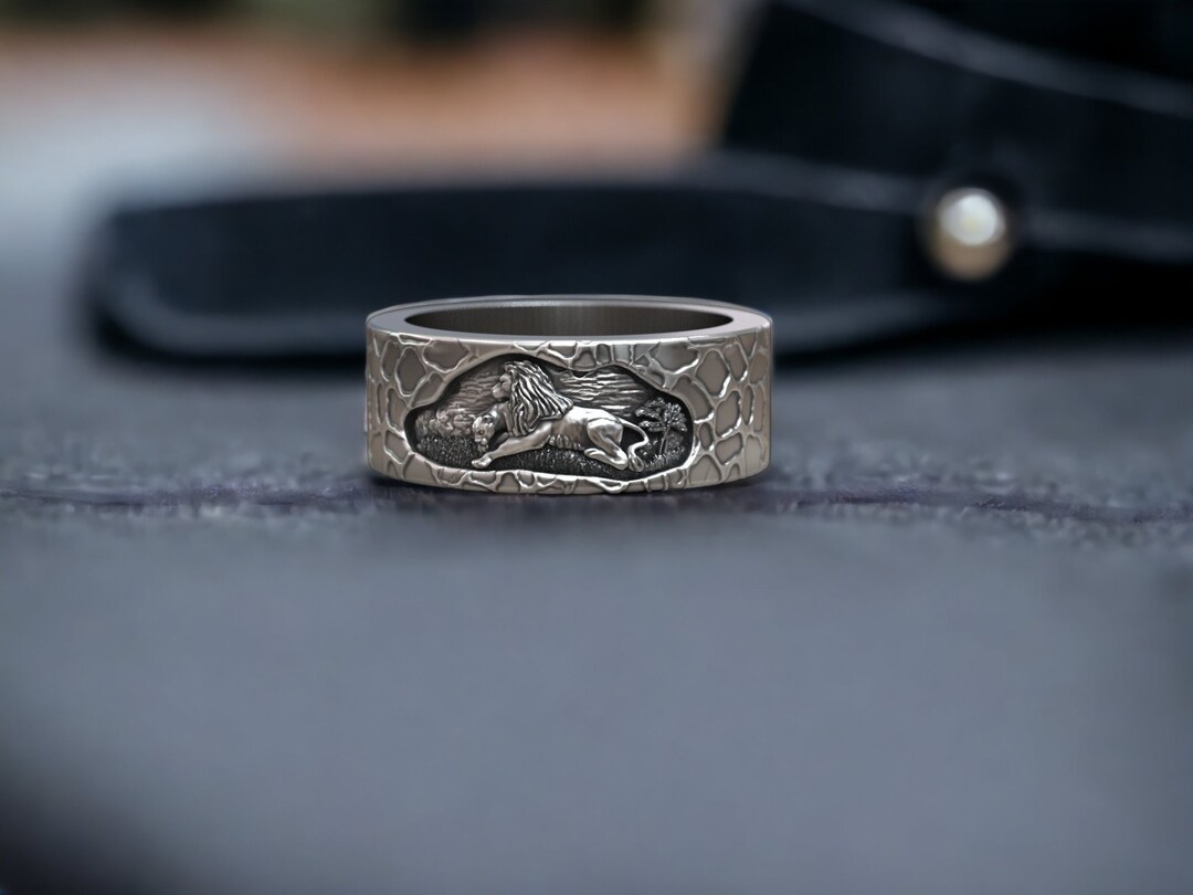 Sterling Silver Lion and Tiger Ring, Wide Animal Band Ring, Men Enraved ...