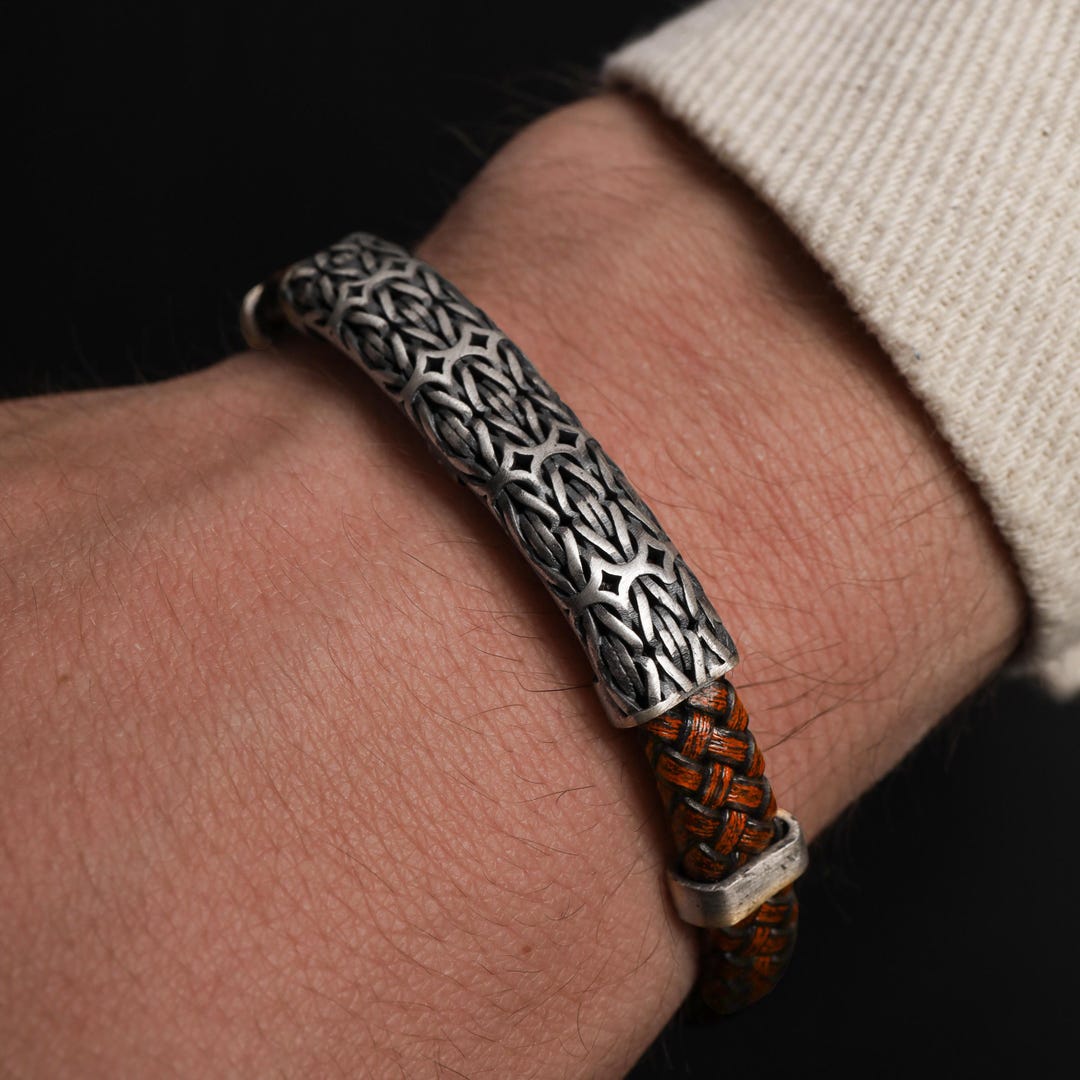Silver and Leather Bracelet for Men, Woven Brown Cord Bangle - Main Image