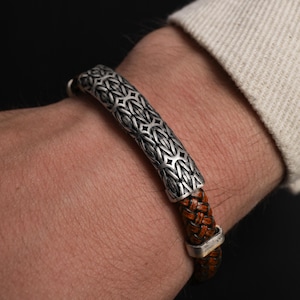 Sterling Silver Celtic Men's Bracelet, Woven Brown Leather, Handmade