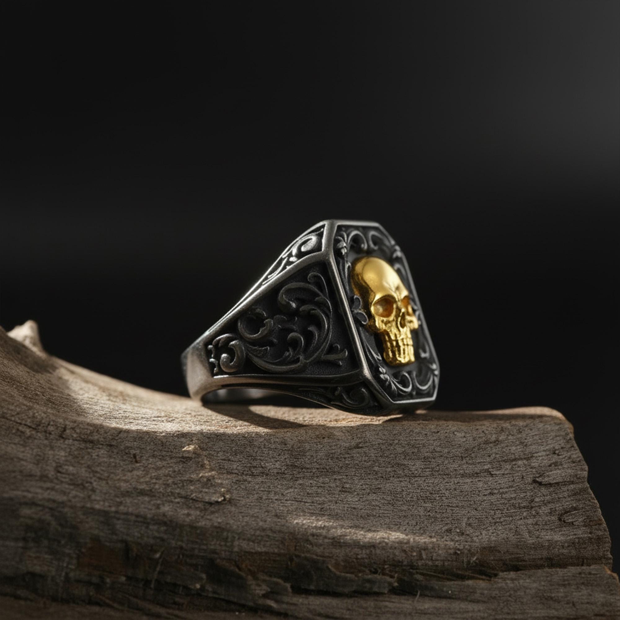 Handmade Sterling Silver Skull Signet Ring: Rococo Biker Style - Etsy