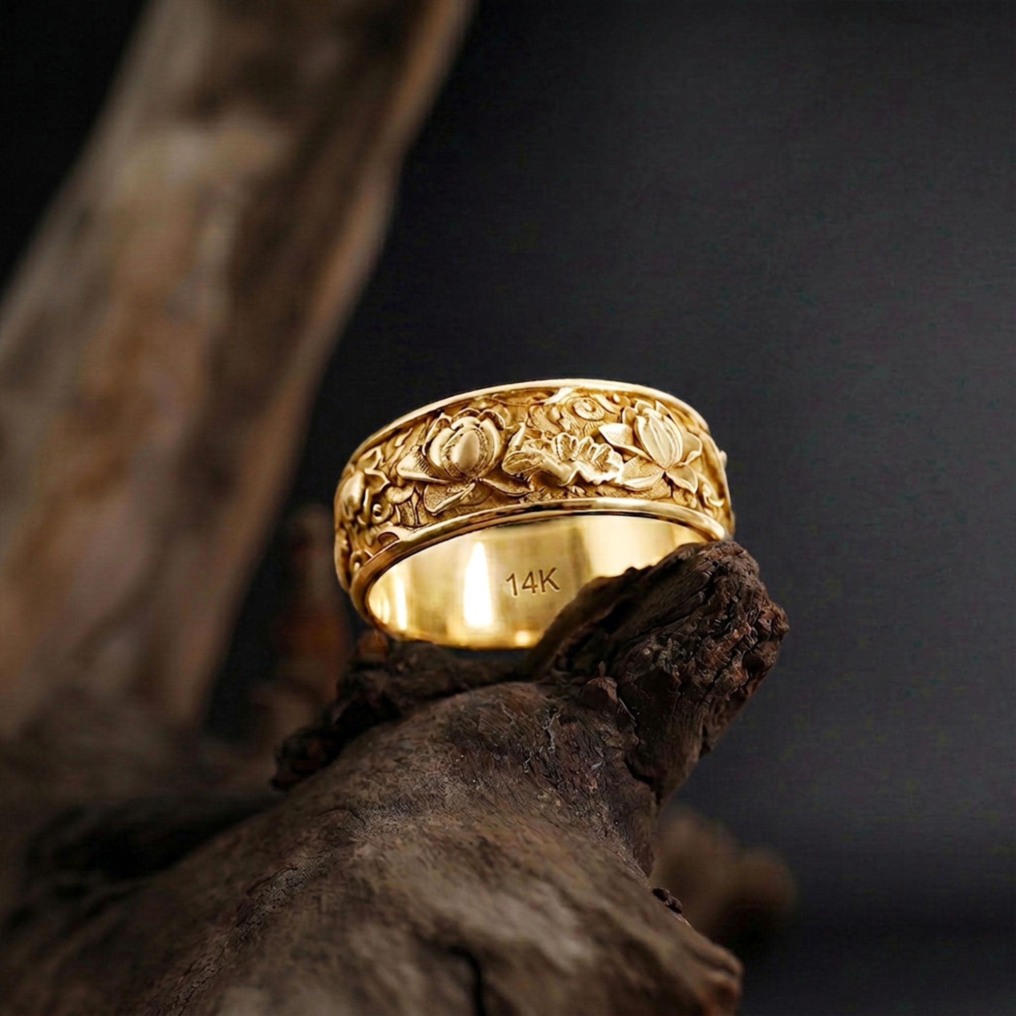 Gold Plated Japanese Lotus Flower Rin: Lotus Flower Kanji Men Ring