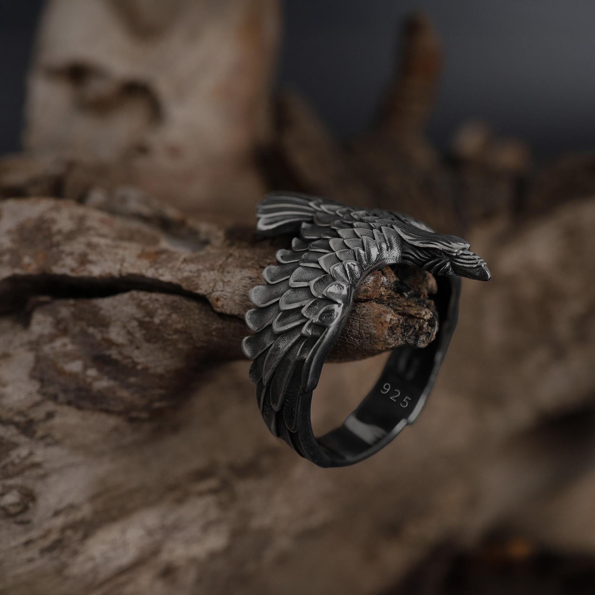 Gold Plated Raven Ring: Norse Mythology Spread Wing Bird Jewelry 