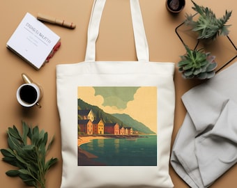 Bolsa de lona con diseño de pueblo costero, bolsa de compras estilo retro de casa de playa, diseño de póster de parque nacional, bolso de hombro de viaje colorido con escena oceánica.