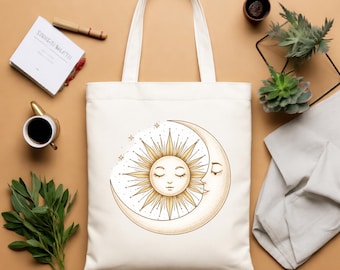Sun and Moon Crescent Tote Bag | Boho Celestial Canvas Tote