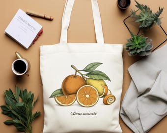 Vintage Botanical Citrus Illustration Tote Bag | Orange Fruit Print, Citrus sinensis