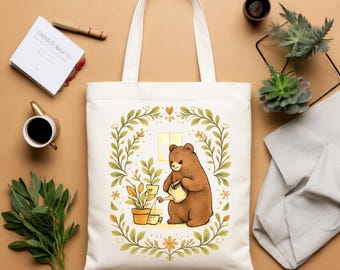 Bolsa de mano con diseño de oso regadera y corona floral, lona para amantes de las plantas