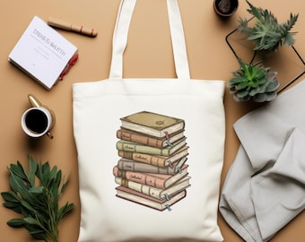 Stacked Vintage Books Tote Bag | Cozy Cottagecore Literary Canvas