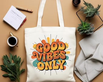 Good Vibes Only Cotton Canvas Tote Bag | Retro 70s Groovy Typographic Design