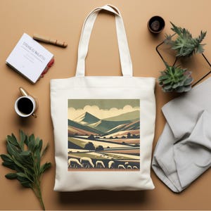 Bolsa de lona vintage con diseño de campo, póster de viaje de estilo artístico retro, pintoresca escena de pastoreo de ovejas, encanto rústico, bonita bolsa, colores terrosos