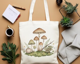 Watercolor Mushroom Woodland Tote Bag | Cottagecore Canvas Tote