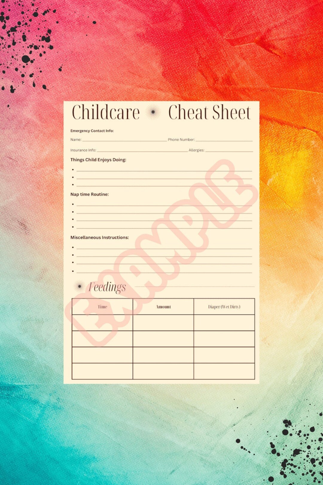 Childcare Cheat Sheet - Etsy