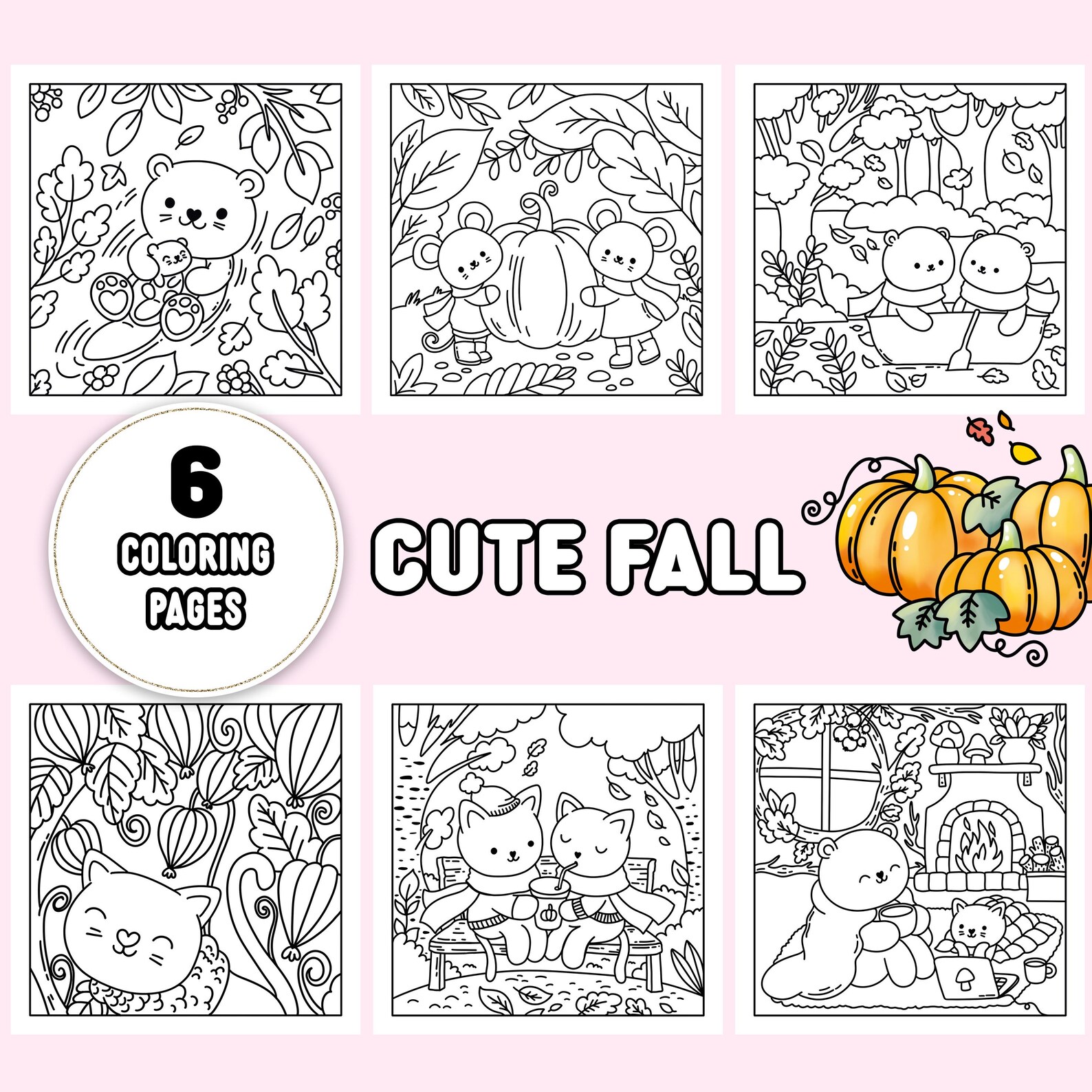 Autumn Cozy Kawaii Coloring Pages – 6 Aesthetic Hand-drawn Doodles for ...