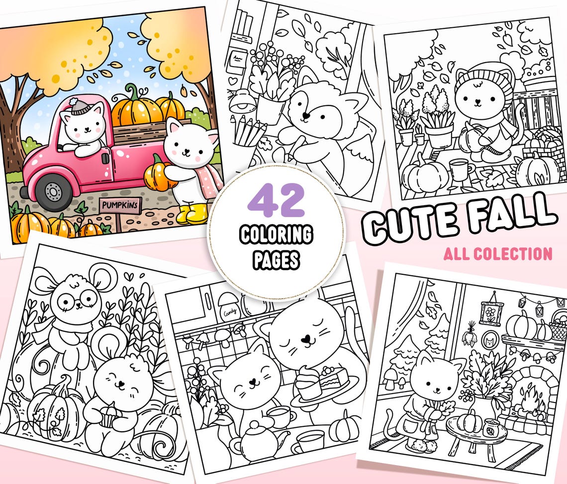 Autumn Kawaii Cozy Coloring Pages Bundle – 42 Hand-drawn Doodles ...