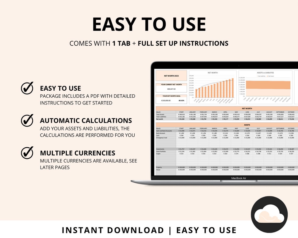 Net Worth Tracker Spreadsheet Template for Google Sheets in Dollars ...