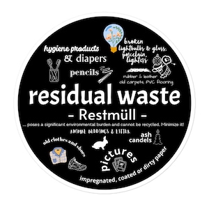 Adhesivo Cubo de basura / Separación de residuos residuales / Gestión de residuos / Aufkleber Mülleimer / Aufkleber Mülltonne / Mülltrennung Restmüll